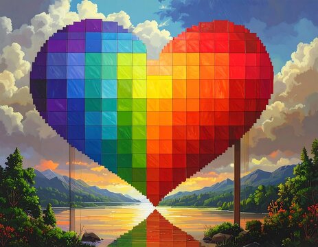 A large pixelated rainbow heart hangs over a serene lake and mountain landscape at sunset
