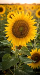 Obraz premium Vibrant Sunflower Field at Golden Hour.