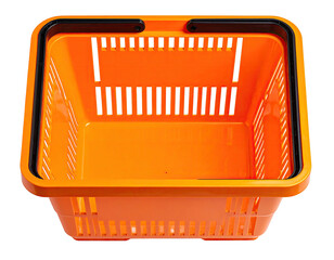 Empty orange plastic shopping basket with black handles