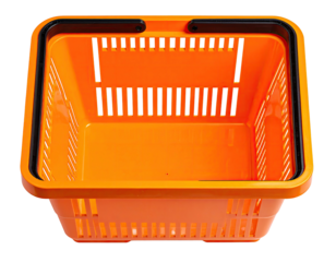 Empty orange plastic shopping basket with black handles