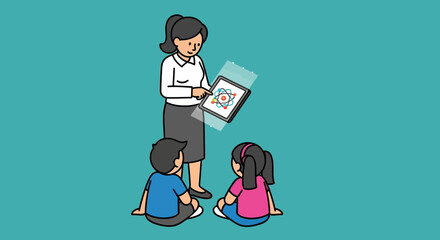 A female teacher uses a tablet to teach two young children about science in a classroom setting.