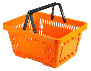 Bright orange plastic shopping basket with black handles