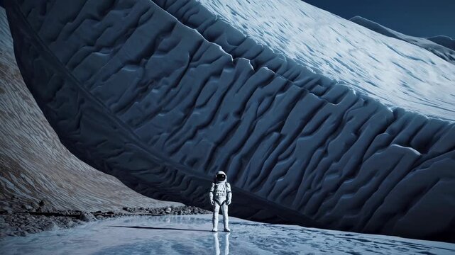 An Astronaut Standing at the Base of a Massive Alien Glacier, Exploring a Futuristic and Striking Frozen Landscape Under a Clear Blue Sky