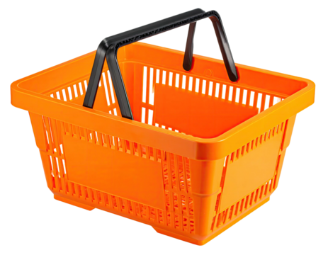 Bright orange plastic shopping basket with black handles
