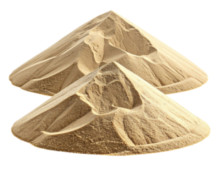 Two piles of light beige sand, conical shapes, isolated on black