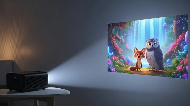 Mini Projector Casting Film on Blank Wall