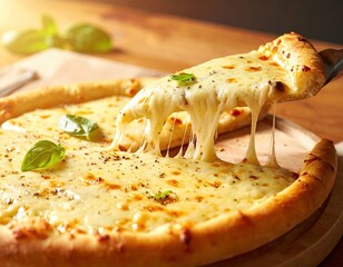 Cheese Pizza Slice with Melted Mozzarella on Wooden Board