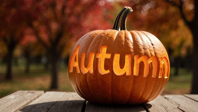 Pumpkin Carved with Autumn Word on Rustic Table, Golden Park Foliage and Sunlight, Cozy Harvest Background