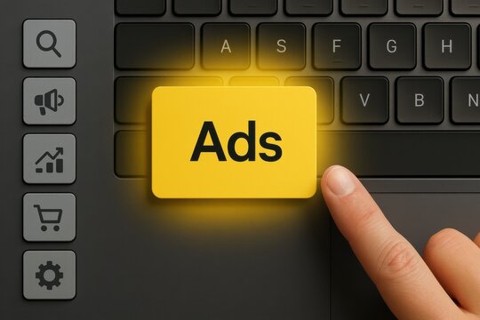 User pressing ads button on glowing yellow key surrounded by marketing icons
 - Powered by Adobe