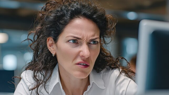 Frustrated woman looking at computer screen. Concept of work problem and technology issue. Stress in office environment.