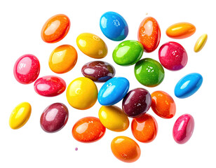Colorful, round candies scattered in a vibrant array against a black background