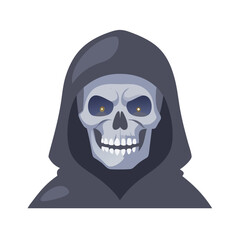 Grim Reaper Skull Face in Hood Vector Illustration for Halloween or Death