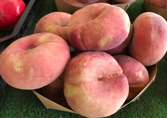 Fresh Flat Donut Peaches in a Basket – Summer Farmers Market Fruit. mediterranean fruits. Prunus persica var. close up. platycarpa isolated.