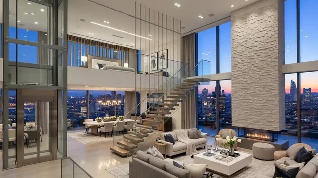 Modern luxury duplex penthouse with double-height living room, panoramic city views, glass elevator, floating staircase, open dining and lounge, sunset skyline, high-end interior