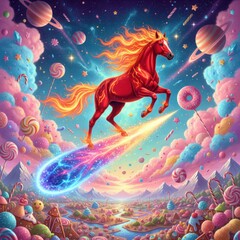 Whimsical candy land with a fiery horse soaring on a rainbow comet among planets and lollipops creating a dreamy cosmic scene for children
