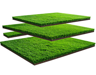 Three layers of vibrant green grass, stacked, illustrating a layered turf or sod installation.  The layers show the soil beneath the grass