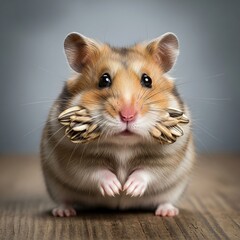 Adorable hamster with bulging cheeks holding sunflower seeds, portrait in studio, on wooden table, gray background, captivating image of a small pet with its paws together .