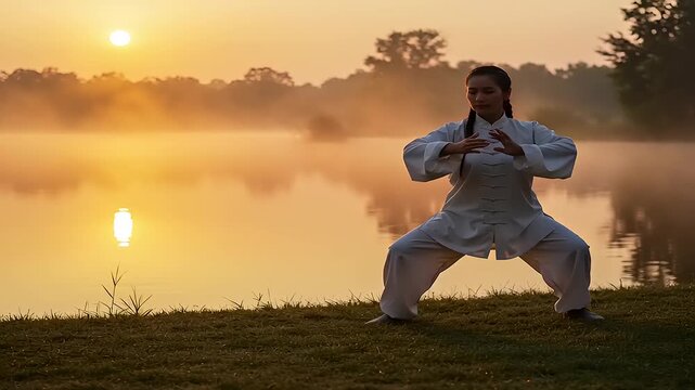 Tai Chi practitioners serene morning exercise by water