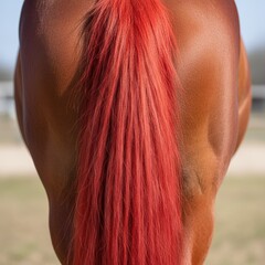 Close-up of a chestnut horse's rear with a striking red tail, beautifully groomed and presented against a soft, blurred background creating a visually captivating image .
