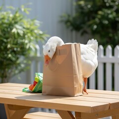 A curious white goose peeks out of a brown paper bag on a wooden picnic table, a playful scene in a sunlit backyard with a white picket fence in background .