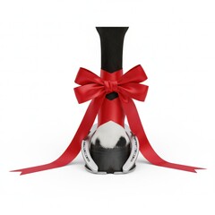 A horse's hoof decorated with a red bow and a horseshoe creates a festive, gift-like appearance in a minimalist white studio setting .