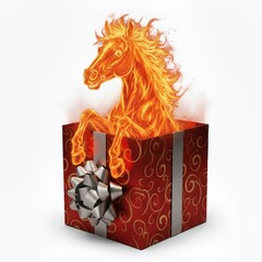 Fiery horse emerging from a red gift box with a silver bow, creating a surreal and captivating image of power and surprise, set against a pristine white background .