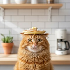 Adorable orange cat with a pancake on its head in a bright kitchen, creating a humorous and heartwarming scene that is bound to bring a smile