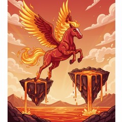 Fiery steed: A dynamic cartoon image of a flaming pegasus leaping over molten lava rock islands, in a fantasy landscape with mountains and cloudy sky, exuding power and majesty