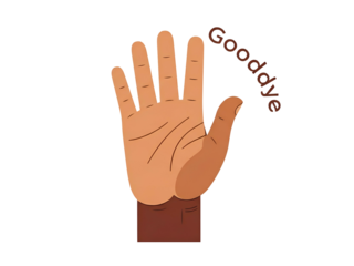 Illustration of a hand gesturing a farewell, with the word "Goodbye" written above.