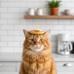 A fluffy ginger cat with a pancake on its head covered in syrup and butter stands in a bright kitchen with white subway tiles and wooden shelves in the background .