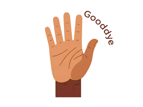 Illustration of a hand gesturing a farewell, with the word "Goodbye" written above.