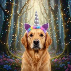 Portrait of a golden retriever dog wearing a unicorn headband in a whimsical forest with fairy lights, creating a magical and enchanting atmosphere