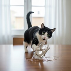 Mischievous black and white cat knocking over a glass of water on a wooden table, creating a splash, with a curious expression and raised tail in a bright interior space .