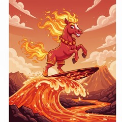 A whimsical cartoon of a vibrant red horse with a fiery mane, joyfully surfing a wave of molten lava, wearing a Hawaiian lei and shorts against a backdrop of an erupting volcano .