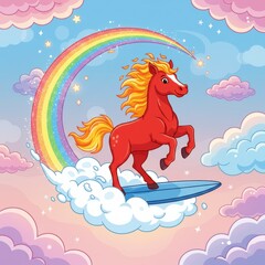 A vibrant red horse with a golden mane surfs on a cloud under a rainbow, surrounded by dreamy pastel skies with playful stars and clouds, evoking a magical and whimsical atmosphere