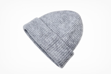 Knitted gray hat isolated on white background
