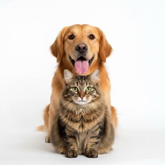 A happy golden retriever dog sits behind a fluffy tabby cat on a white background, creating a charming and heartwarming portrait of interspecies friendship .