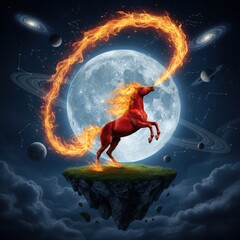A majestic red horse stands on a floating island, breathes fire against a backdrop of a moon, planets, galaxies, and constellations in the night sky, creating a surreal and enchanting scene .