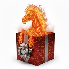 A fiery, magical horse emerges from a red gift box with silver ribbon and bow, symbolizing unexpected joy and powerful, passionate surprises with decorative golden swirls .