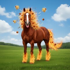 A comical horse with a mane and tail made of spaghetti and meatballs, standing on fiery hooves in a sunny field with a blue sky background.