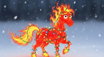 A whimsical cartoon illustration depicts a fiery horse adorned with colorful Christmas lights, standing in a snowy landscape with a curious expression on its face for christmas and new year's eve