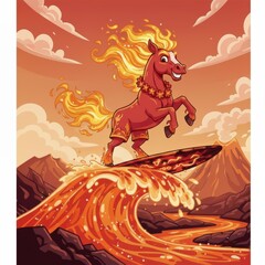 A whimsical illustration of a fire horse surfing a lava wave with volcanoes and orange sky in the background, set in a Hawaiian-themed scene with playful charm