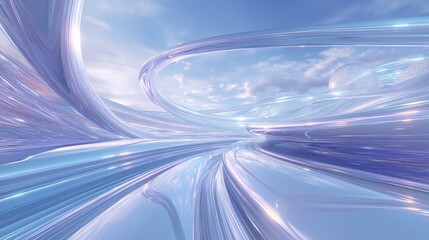 青と紫の流れるような抽象的なラインと曲面が広がる未来的な風景 | Futuristic landscape with flowing abstract lines and curved surfaces in blue and purple
