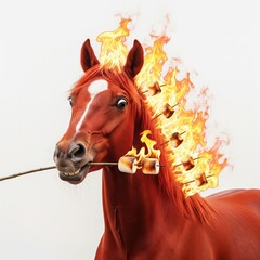 A comical image of a horse on fire with marshmallows roasting in its fiery mane and a stick with marshmallows in its mouth, set against a bright white backdrop