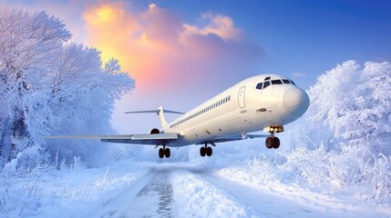 Airplane approaches landing on a snowy runway during sunset in a winter landscape with vibrant sky colors