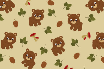 Cute Bear Autumn Pattern swatch available in swatches panel, Woodland Seamless Vector Design