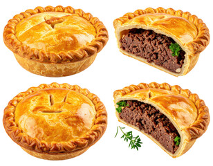 Four meat pies, two whole and two sliced, show golden-brown pastry crusts and a filling of rich brown meat
