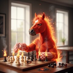 A furious red horse with oven mitts plays a fiery chess game, anger and determination in its eyes, on a wooden board with burning pieces and a blurred background .