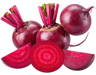 Close-up of fresh, vibrant red beets with stems and slices