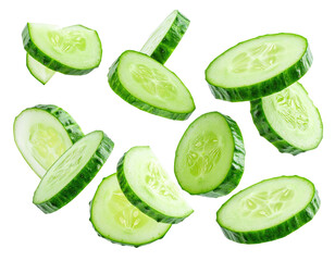 Sliced cucumbers in mid-air, various thicknesses and angles
